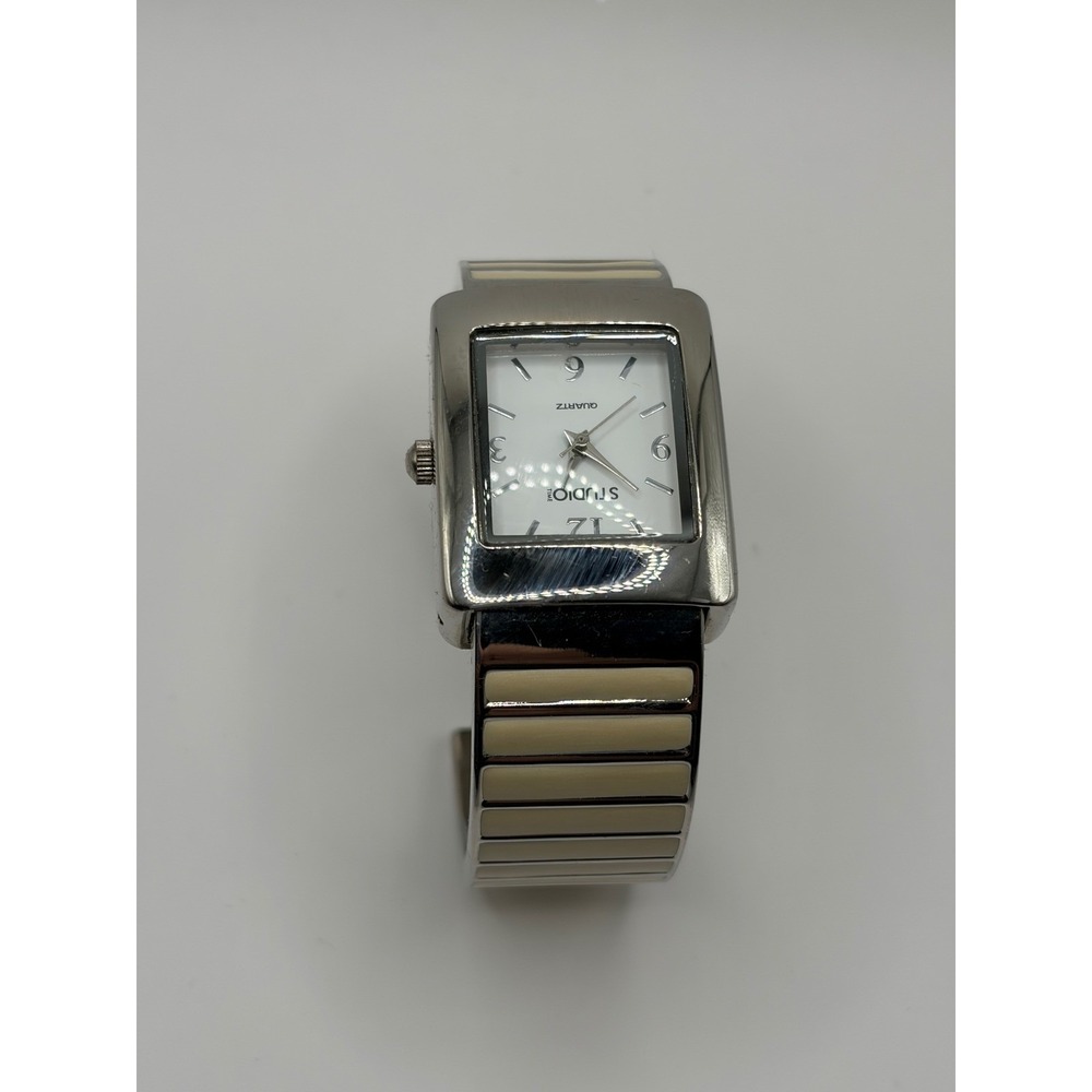 Studio Women's Rectangular Cuff Watch Cream Inlay Stainless Steel Back Quartz